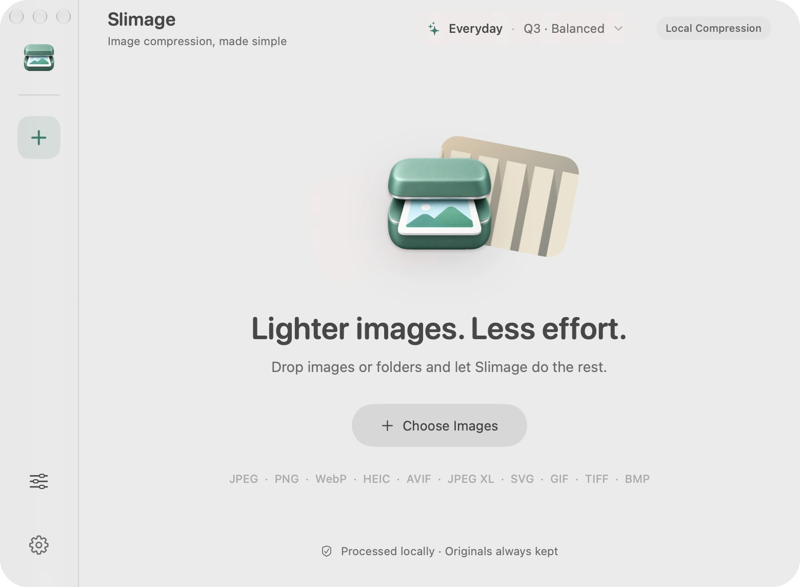 Slimage’s native main window, with image import controls and supported formats