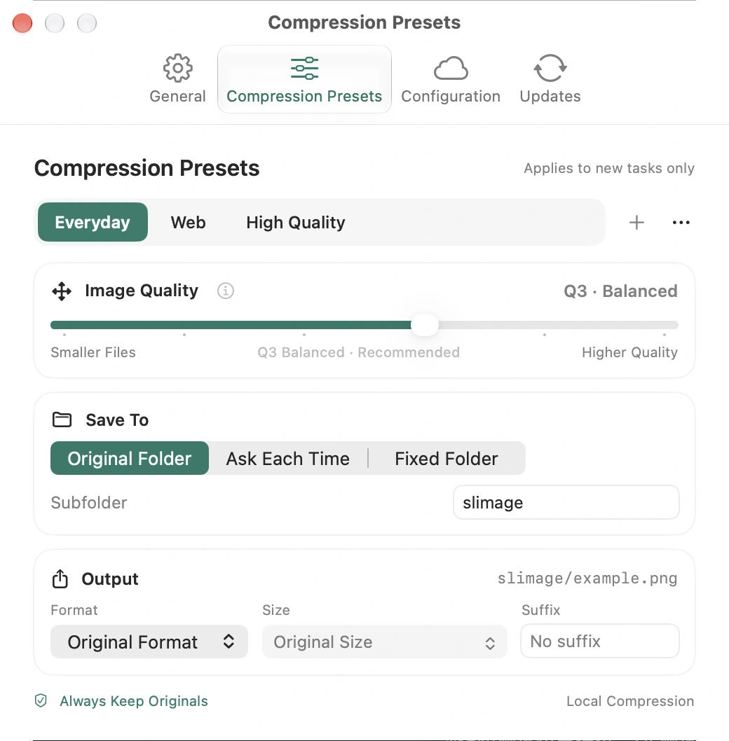 Slimage’s preset editor, with six quality levels, output format, and size options