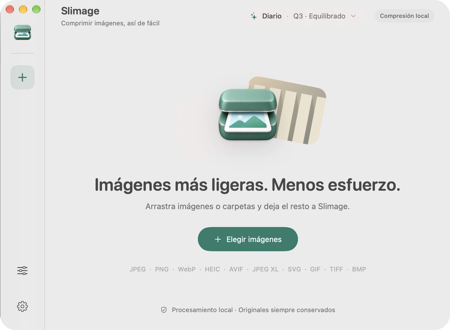 Ventana principal de Slimage con controles para importar imágenes y formatos compatibles