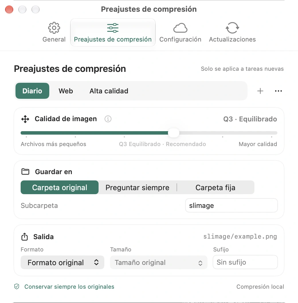Editor de preajustes de Slimage con seis niveles de calidad, formato de salida y opciones de tamaño